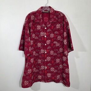 Veezo Mens Shirt Dragon Graphic Print Asian Calligraphy Red Short Sleeve Large